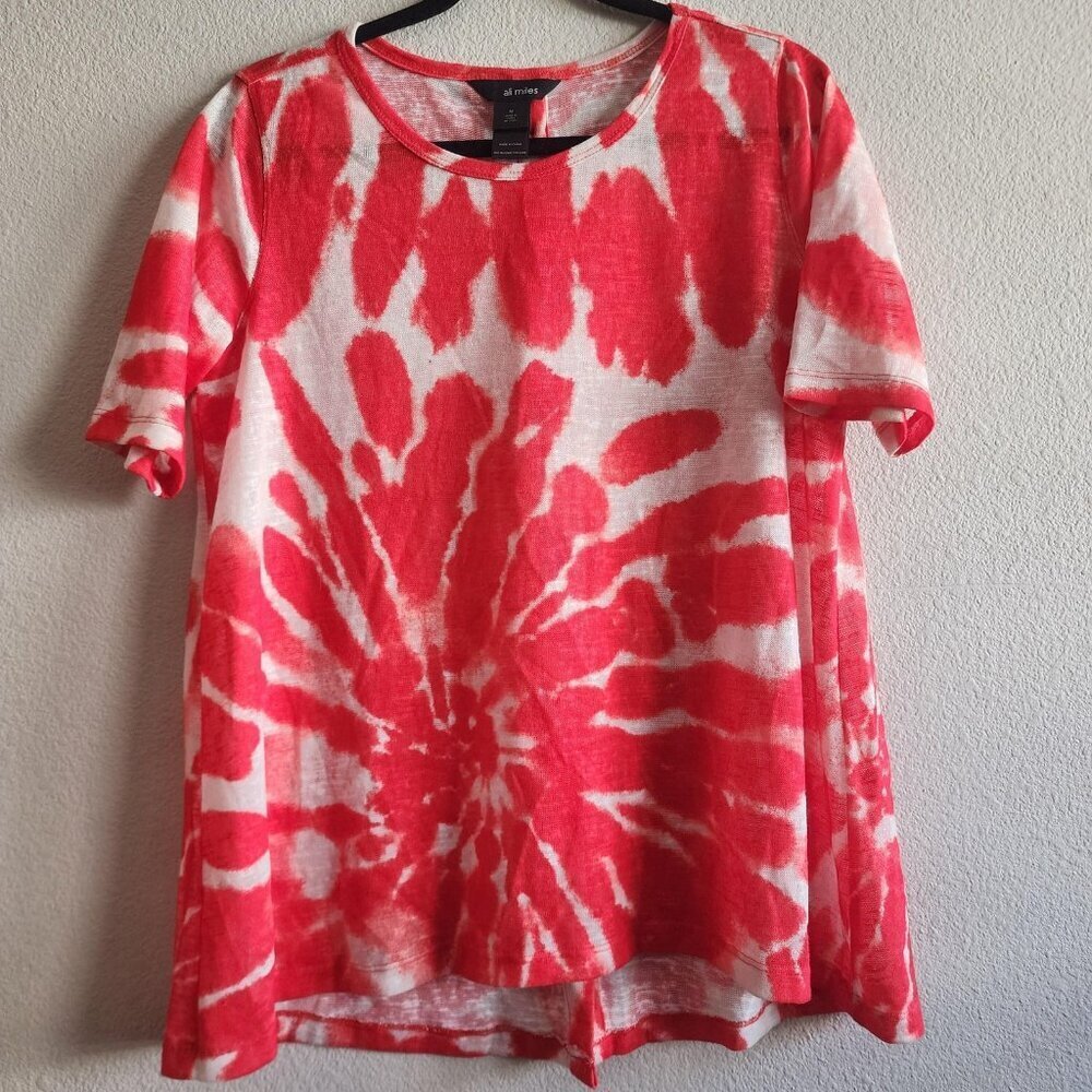 Ali Miles Shirt Womens Medium Red White Tie Dye Button Back Short Sleeve Top